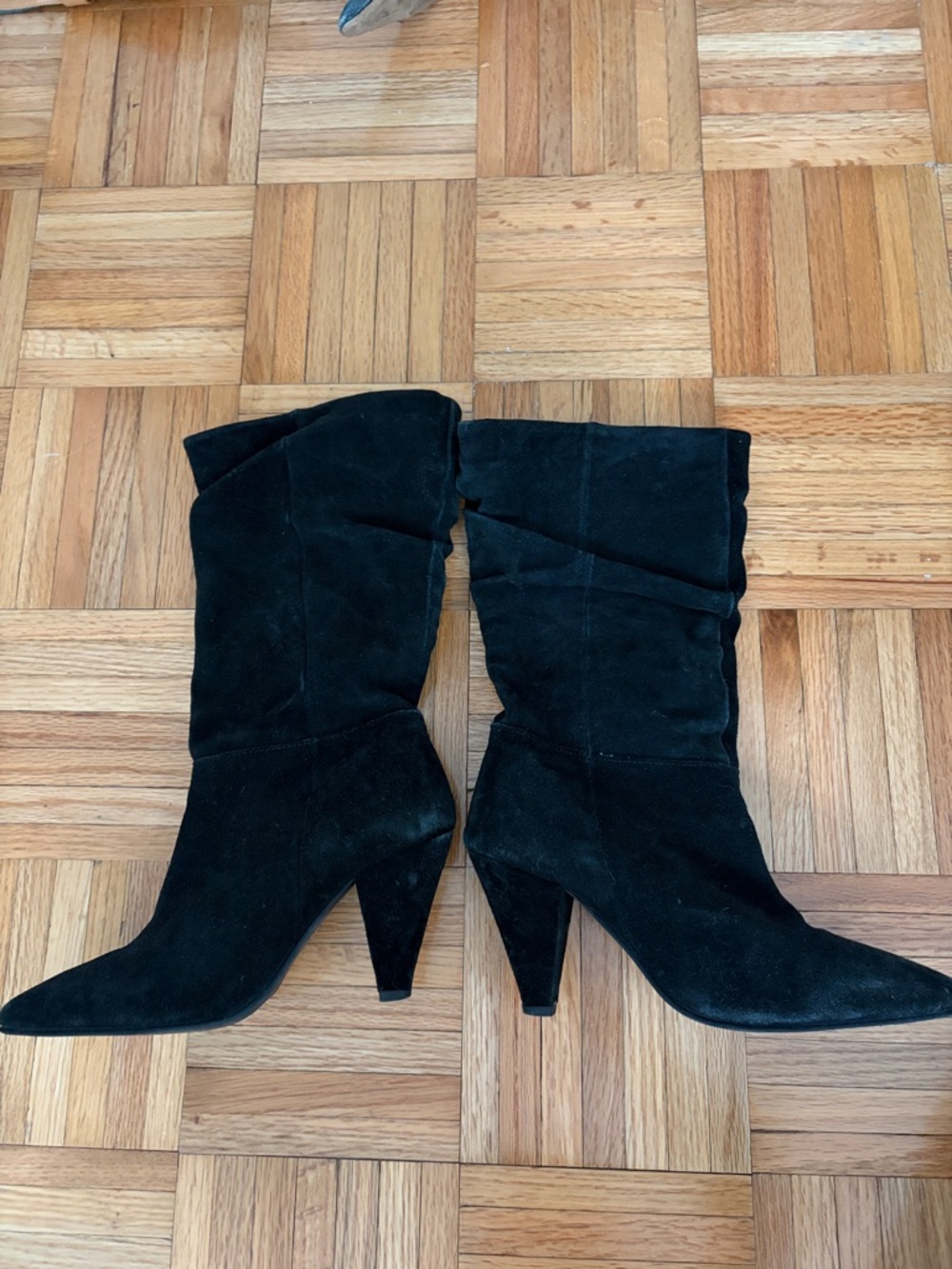 Women's Black Suede Mid-Calf Heeled Boots